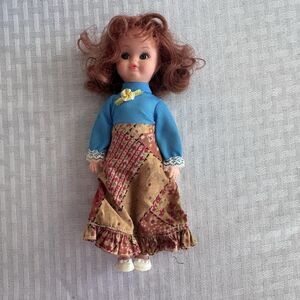 Vintage 1960s Hong Kong Redhead Doll Patchwork Dress Blue Top 7.5” Retro Toy
